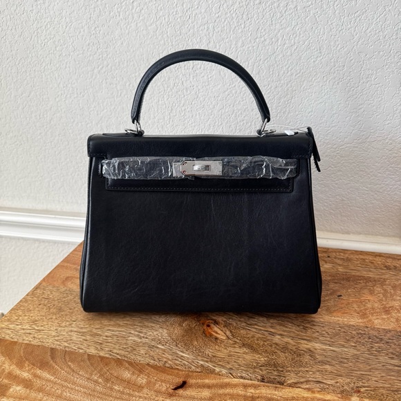 None Handbags - *READ LEATHER INSIDE & OUT | Black 28 Belted Smooth Leather Top Handle Bag